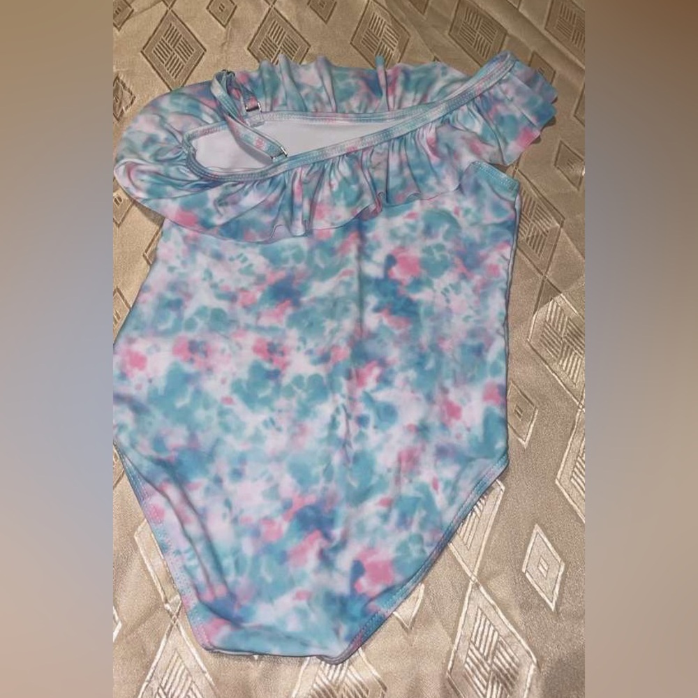 SHEIN Kids Tie-Dye One-Shoulder Swimsuit - Blue and Pink